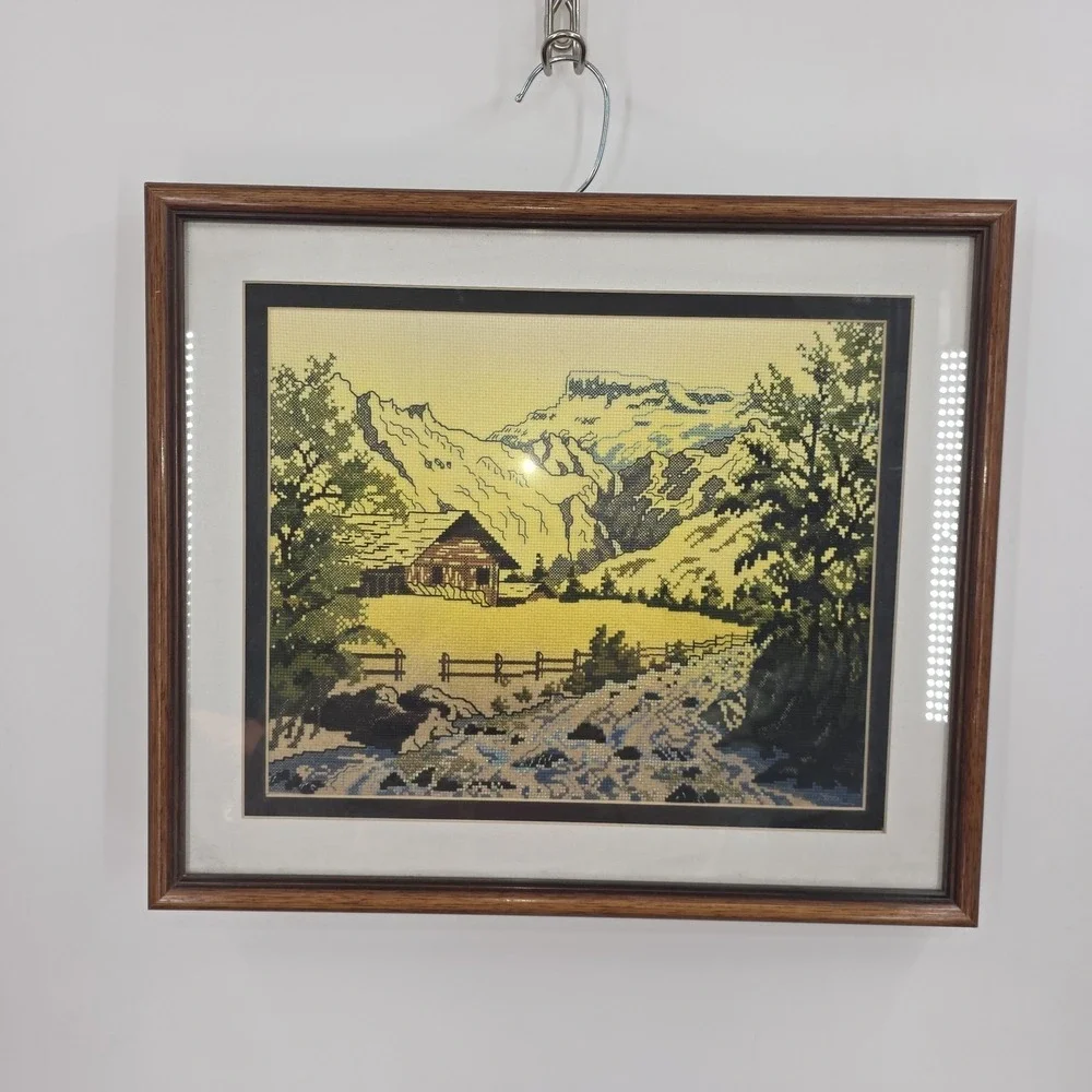 Vintage Handmade Mountain Cabin Landscape Cross Stitch Tapestry‎ Framed 14x16